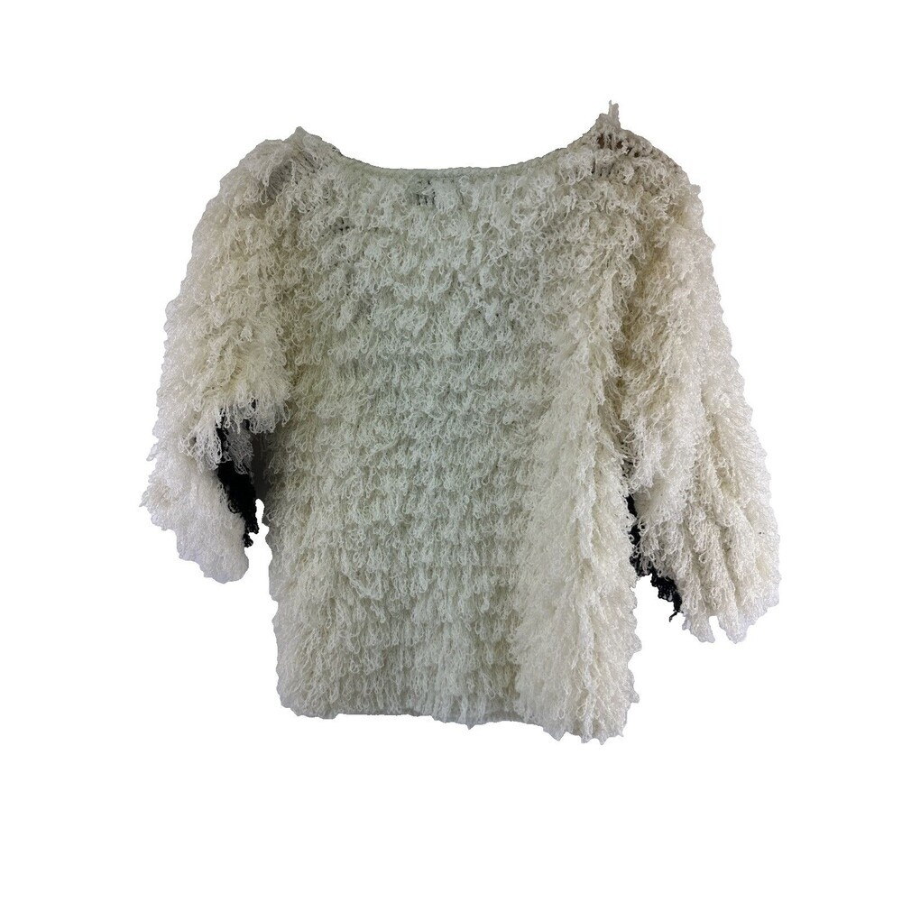 Le Chois Fringe Knit Sweater 3/4 Sleeves White Black Vintage Pullover Womens Med - Picture 6 of 11